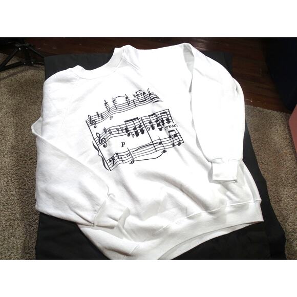 Vtg 80s Hanes Large Music Notes Crewneck Sweatshirt White Black Print Pullover - Picture 1 of 11